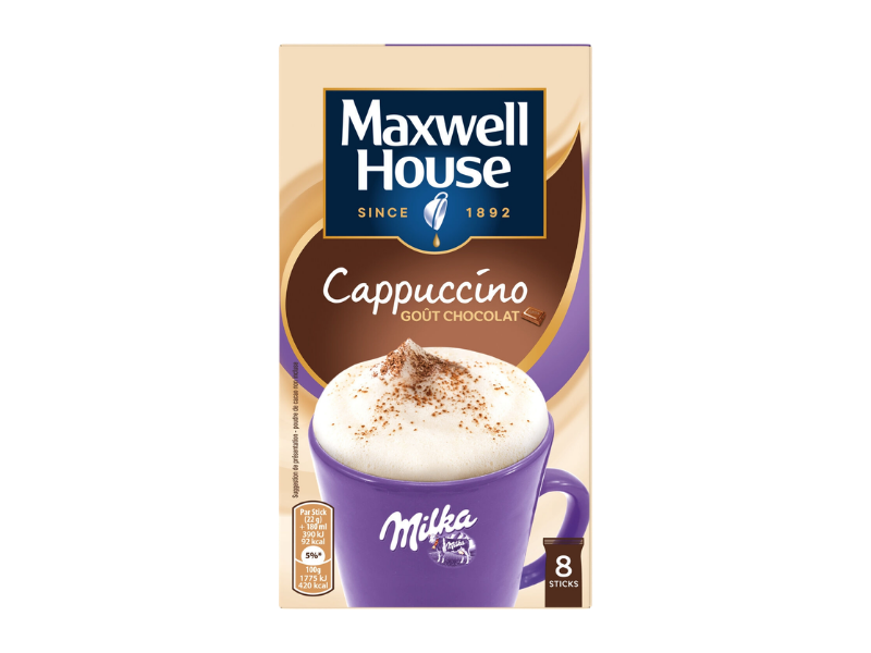 Maxwell House Cappuccino aux éclats de Milka 8 sticks 154g pdp